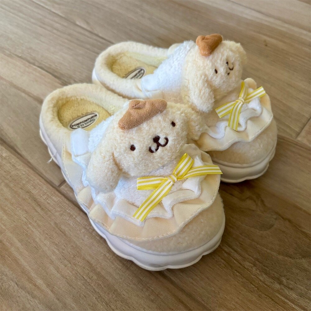 Sanrio Pompompurin Plush Mule Slippers Beige Bow Ruffle Womens US 6 EU